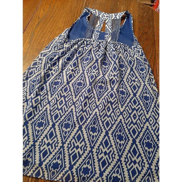 Small Umgee USA Blue White Sleeveless Open Lace Back Lined Mini Dress Sundress - Picture 3 of 4